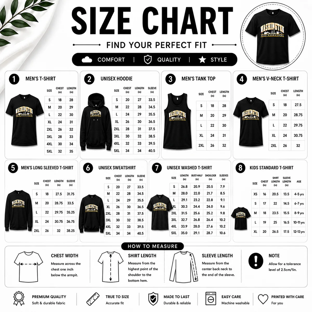 Size chart for Good Washington Over Everything Skyline District Of Columbia with measurements in inches and cm to help choose the right fit