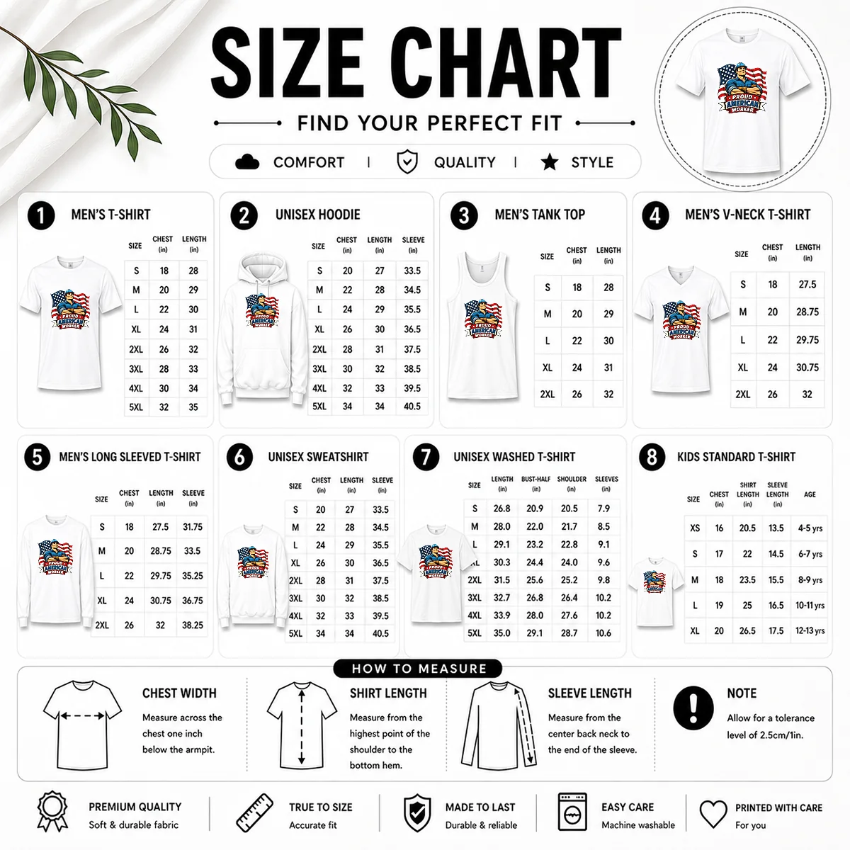 Size chart for Hot Awesome Labour Day Proud American Worker Comic with measurements in inches and cm to help choose the right fit