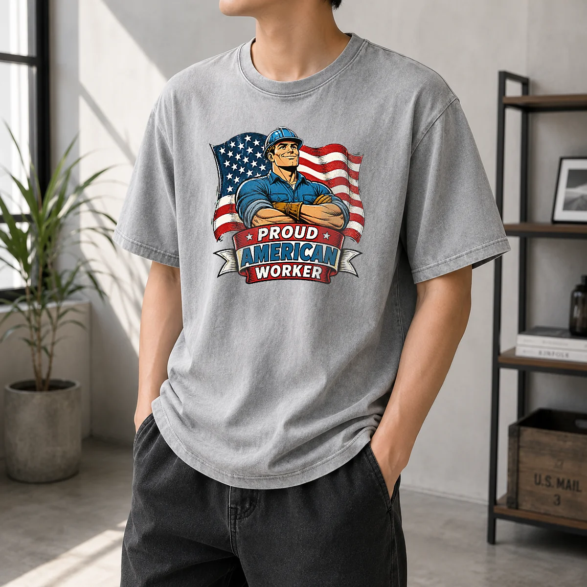 Hot Awesome Labour Day Proud American Worker Comic Washed T-Shirt