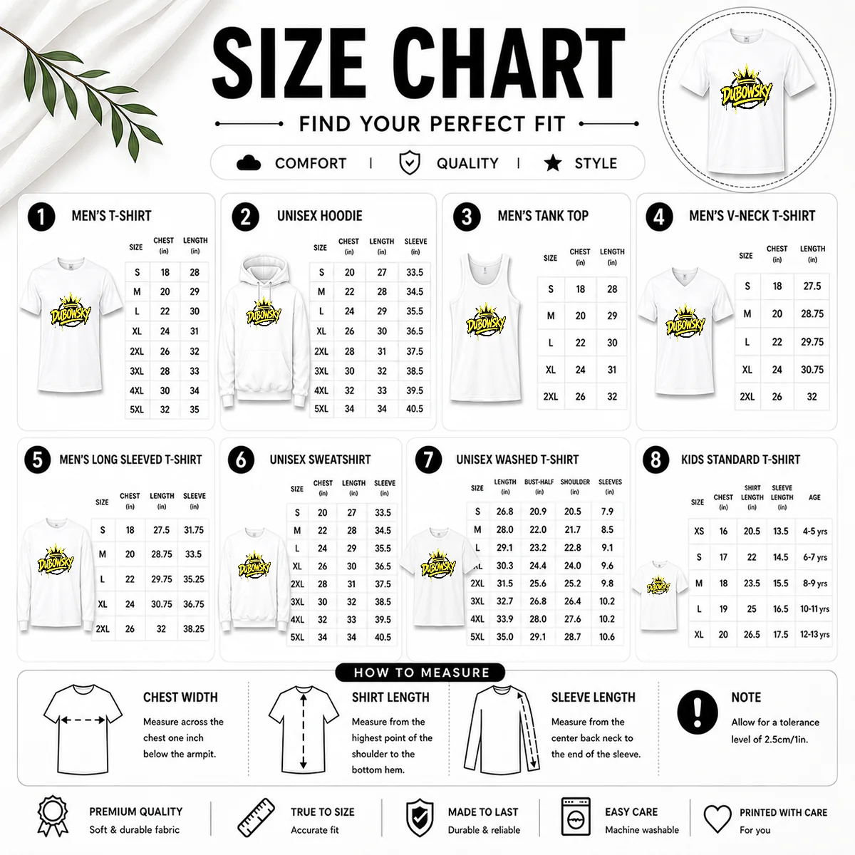 Size chart for Pretty Dubowsky Graffiti Crown Paint Drip Street Art Logo with measurements in inches and cm to help choose the right fit