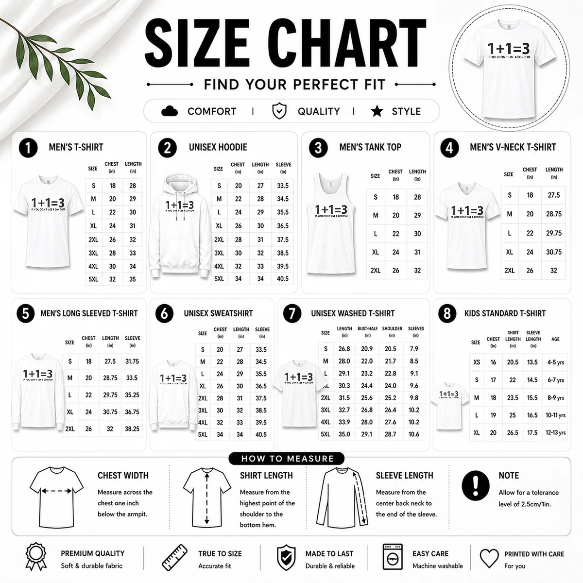 Size chart for Pretty If You Don'T Use A Condom Contraception Joke with measurements in inches and cm to help choose the right fit